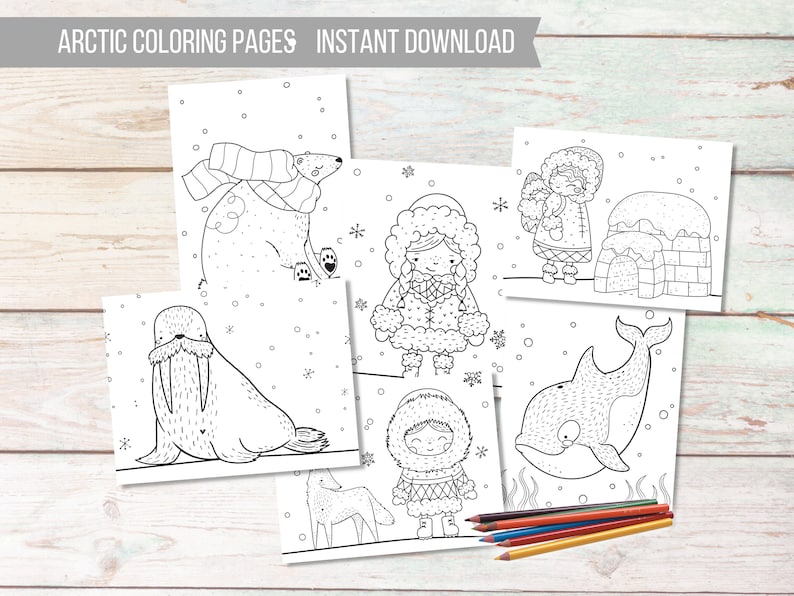 May include: Six black and white coloring pages featuring arctic animals and people. The pages include a polar bear wearing a scarf, a walrus, a girl in a parka, a girl in a snowsuit, a girl in a snowsuit with an igloo, and an orca whale.
