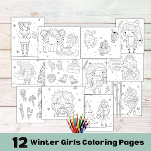 May include: A collection of 12 Winter Girls coloring pages, featuring various winter-themed illustrations. The pages include images of girls in winter attire, hot cocoa, and winter accessories. A bundle of colored pencils is at the bottom. The text "12 Winter Girls Coloring Pages" is at the bottom.