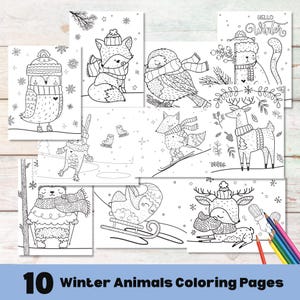 Página para colorir de animais da floresta de inverno, folhas para colorir fofas de animais da floresta de inverno para imprimir