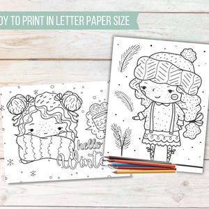 May include: Two black and white coloring pages with winter-themed illustrations. One features a girl in a winter hat and scarf, the other says "hello Winter". Colored pencils are on the table. Text at the top says "READY TO PRINT IN LETTER PAPER SIZE".