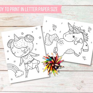 May include: Two black and white coloring pages featuring whimsical unicorn and fairy designs, with stars and diamonds. A bundle of colored pencils sits below the pages. The text "READY TO PRINT IN LETTER PAPER SIZE" is at the top.