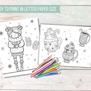 May include: Two black and white coloring pages with winter-themed illustrations. One features a girl in a sweater, the other has mugs of hot chocolate. The text "READY TO PRINT IN LETTER PAPER SIZE" is at the top. A set of colored pencils is in the foreground.