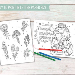 May include: Two printable coloring pages on a wooden surface. One page features botanical illustrations, the other has a winter theme with the text "warm winter wishes." Colored pencils in red, green, and blue are present.