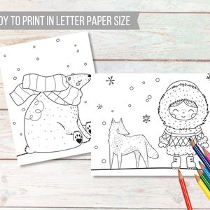 May include: Two black and white coloring pages featuring winter scenes. The first page shows a polar bear wearing a scarf. The second page shows a girl wearing a winter coat and a wolf.