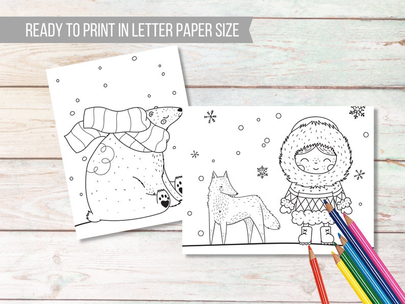 May include: Two black and white coloring pages featuring winter scenes. The first page shows a polar bear wearing a scarf. The second page shows a girl wearing a winter coat and a wolf.