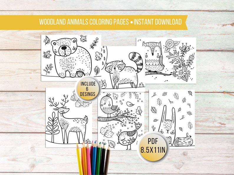 Printable Woodland Coloring Pages for kids, Kids Animal Activity, Woodland Animals Kids Coloring Sheets, Woodland Creatures Kids Party Games image 1