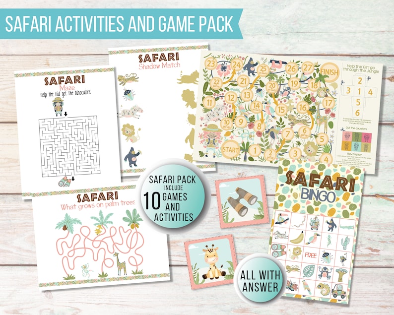 Safari Animals Party Games Kids, African Animals Kids Activity Packs, Jungle Safari Kids Birthday Games, Wild Animals Party Activities image 1