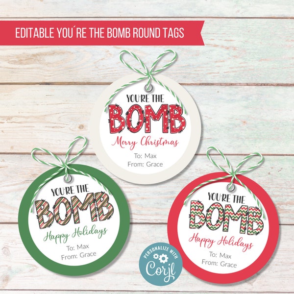 You're the Bomb Christmas Hang Tags, Hot Chocolate Bomb Merry Christmas Tag, Bath Bomb Favors Editable Gift Tags