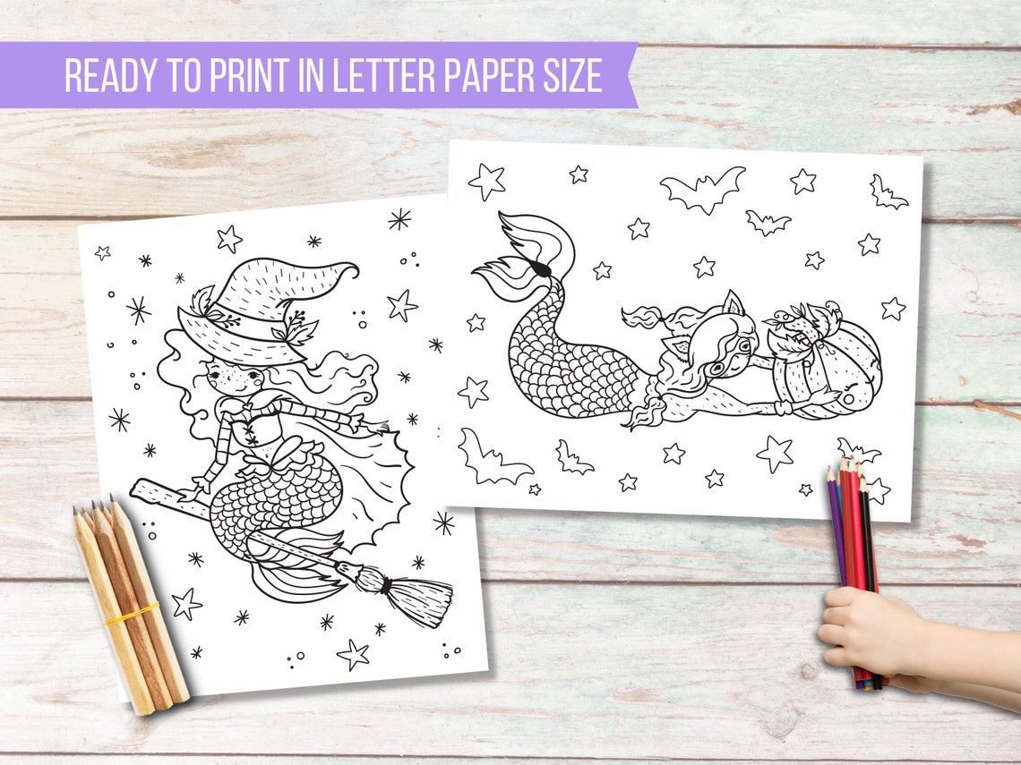 Mermaids Halloween Coloring Pages for Kids Printable | Etsy