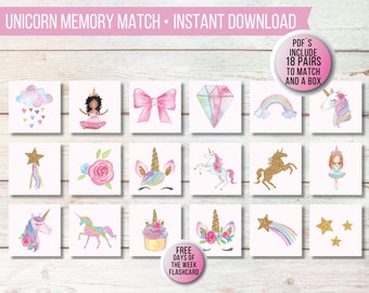 Unicorn Memory Matching Game Printable, Unicorn Flashcards for kids, Magical Unicorn Party Game
