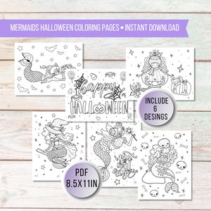 Mermaids Halloween Coloring Pages for Kids, Printable Halloween Activity for Girls, Fall Coloring Sheets, Mermaids in Halloween Costumes