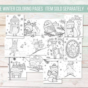 May include: A collection of winter-themed coloring pages featuring various animals, including an owl, deer, bird, cat, rabbit, fox, and bear, all adorned in winter attire. The pages are black and white line drawings, perfect for coloring. Text reads "MORE WINTER COLORING PAGES".