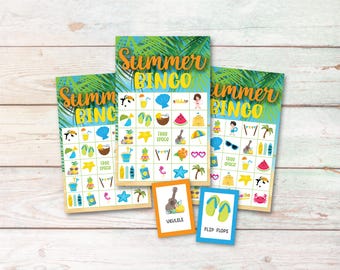 Jogo de Bingo de Verão para download instantâneo | Atividade para impressão para o verão | Jogo de festa de bingo na praia | Jogo de diversão de verão para impressão