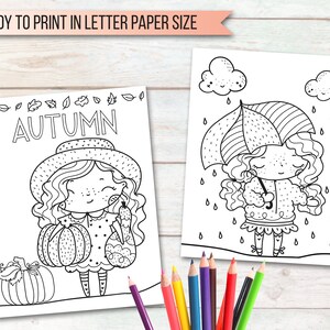 May include: Two black and white coloring pages featuring a girl with curly hair. The first page has the word "AUTUMN" at the top and the girl is holding a pumpkin and a gourd. The second page shows the girl holding an umbrella and walking in the rain.