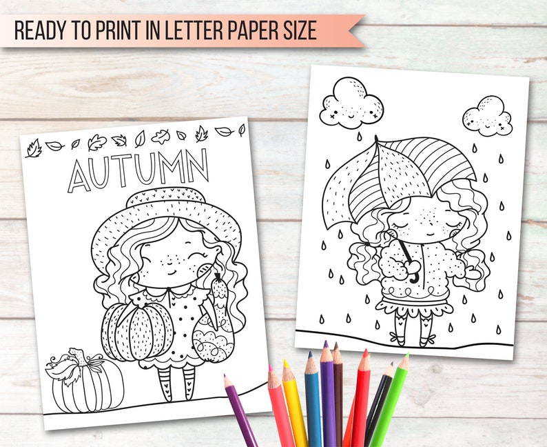 May include: Two black and white coloring pages featuring a girl with curly hair. The first page has the word "AUTUMN" at the top and the girl is holding a pumpkin and a gourd. The second page shows the girl holding an umbrella and walking in the rain.