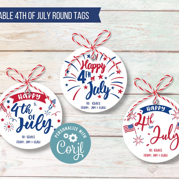 Happy 4th of July Round cookie tag, Patriotic Gift Tags, Fourth of July Party Favor Tags, Fireworks Printable Treat Bag Tags