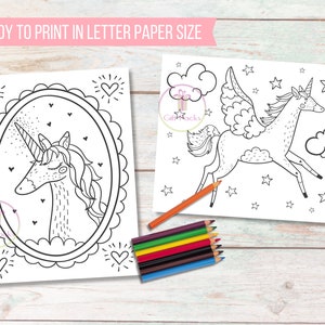 May include: Two printable unicorn coloring pages with black line art. One features a unicorn in an oval frame, the other a winged unicorn. Colored pencils are on the side. Text at the top says "READY TO PRINT IN LETTER PAPER SIZE."