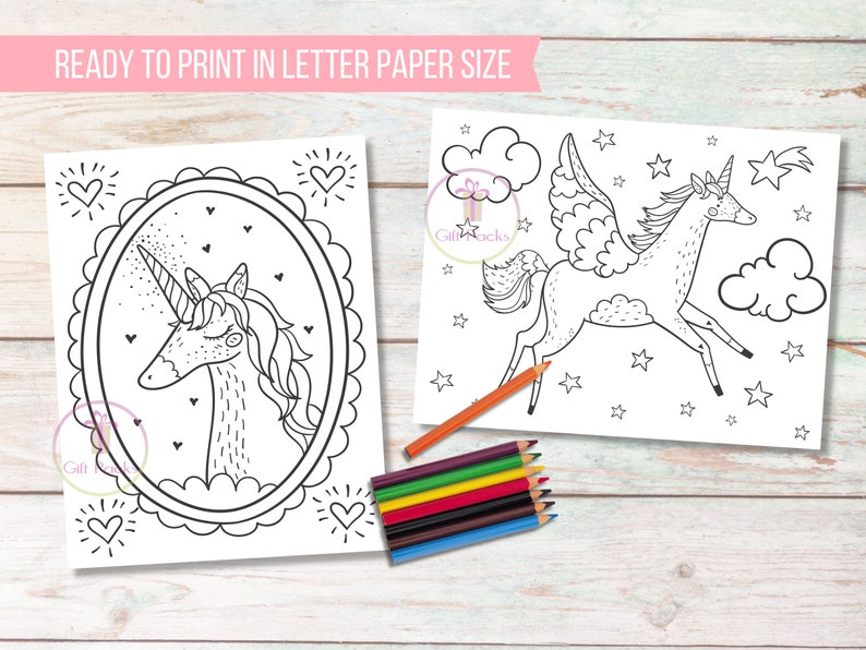 May include: Two printable unicorn coloring pages with black line art. One features a unicorn in an oval frame, the other a winged unicorn. Colored pencils are on the side. Text at the top says "READY TO PRINT IN LETTER PAPER SIZE."