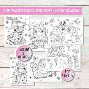 Páginas para colorear de Navidad, Pdf para colorear de unicornios navideños imprimible, Hojas para colorear de unicornios de Navidad, Actividad de fiesta de Navidad para niñas