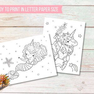 May include: Two black and white coloring pages featuring a mermaid and a unicorn with stars and other decorative elements. The text "READY TO PRINT IN LETTER PAPER SIZE" is at the top. A set of colored pencils is in the lower left corner.