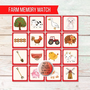 May include: A set of 24 farm-themed memory match cards. The cards feature images of farm animals, farm equipment, and farm objects. The cards are printed on white cardstock with red borders. The text "PDF's include 24 pairs to match and a box" is printed on a red circle in the center of the image.