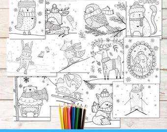 Winter Woodland Animal Coloring Page, Printable Winter Forest Animals Cute Coloring Sheets