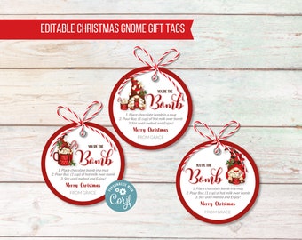 Christmas Chocolate Bomb Round Tags, Red Gnome, Holiday Treat Labels