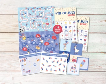 May include: A collection of patriotic games and activities for the 4th of July. Includes a board game, bingo cards, and matching games. The designs feature red, white, and blue colors with festive illustrations of geese, rockets, and flags.