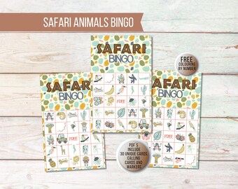 May include: Three Safari Animals Bingo game cards featuring a colorful abstract pattern background with brown and blue text. Each card contains a grid of various safari-themed illustrations, including animals, plants, and vehicles, with a free space.