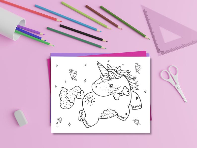 May include: A black and white unicorn coloring page with diamond and star accents. Colored pencils in a white container, a pink triangle ruler, and white scissors are on a pink surface.