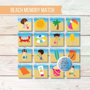 Juego de memoria y combinación de verano, juego de memoria de playa imprimible, juego de memoria para niños