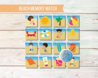 Summer Memory and Matching Game, Printable Beach Memory Game, Kids Memory Game