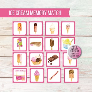 Juego de memoria de helado de verano imprimible para niños, divertido juego de actividades educativas para preescolar