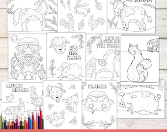 Páginas para colorear de animales de granja para niños en edad preescolar y niños pequeños. Actividades de cumpleaños imprimibles. Juego de 12 lindas hojas.