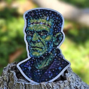Holographic Frankenstein Sticker – Horror Movie Vinyl Decal for Laptop, Water Bottle, Journal – Cute Spooky Halloween Sticker