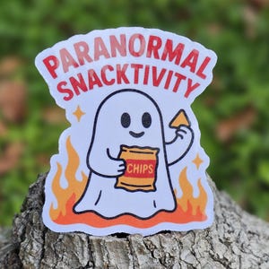 May include: A die-cut sticker featuring a white ghost character holding a yellow bag labelled CHIPS and a single chip. The text PARANORMAL SNACKTIVITY is printed in red above the ghost, which is surrounded by orange and yellow flames on a white background.