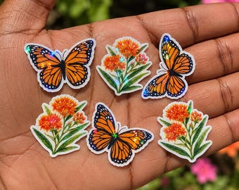 Mini Monarch Butterfly & Milkweed Sticker Set | Set of 6 Holographic Stickers | Butterfly Garden Stickers | Nature Vinyl Decals