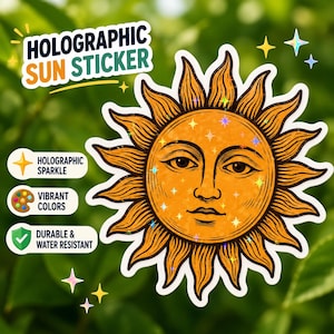 May include: A holographic sun sticker featuring a central face with detailed line work and radiating orange rays. The design includes small star accents and text that reads HOLOGRAPHIC SUN STICKER, HOLOGRAPHIC SPARKLE, VIBRANT COLORS, and DURABLE & WATER RESISTANT.