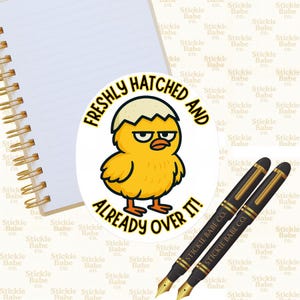 Funny Baby Chick Sticker – Freshly Hatched and Already Over It – Sarcastic Cute Animal Vinyl Sticker for Laptops, Journals, or Water Bottles
