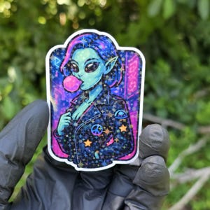 Holographic Sexy Alien Sticker – Biker Girl Blowing Bubble Gum – Sci-Fi Pin-Up Vinyl Decal