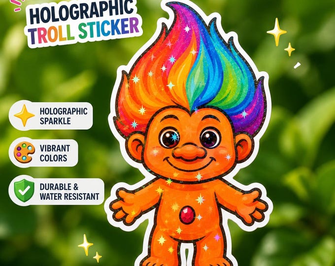 Holographic Rainbow Hair Troll Sticker | 90s Nostalgia Vinyl Decal