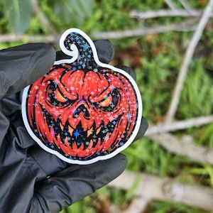 Holographic Evil Pumpkin Sticker – Spooky Halloween Vinyl Decal for Laptop, Water Bottle, Journal – Scary Cute Jack-O’-Lantern