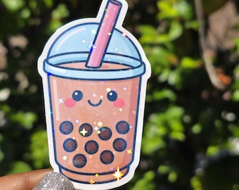 Holographic Boba Sticker – Kawaii Bubble Tea Vinyl Decal