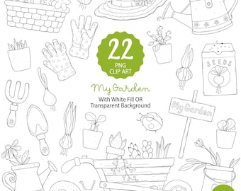May include: Black and white line art clip art set featuring gardening tools, plants, and a wheelbarrow. Includes a sun hat, watering can, gloves, and a sign that says "My Garden". The set includes 22 PNG clip art images.