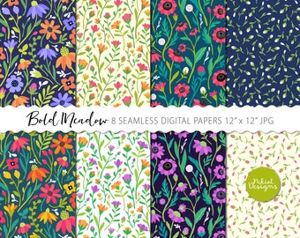 Könnte beinhalten: Acht nahtlose digitale Papiere mit floralen Mustern. Die Designs zeigen bunte Blumen und Blätter auf verschiedenen Hintergründen, darunter Marineblau, Creme und Weiß. Der Text "Bold Meadow" und "12" x 12" JPG" sind sichtbar.