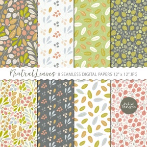 Digital Seamless Neutral Foliage Pattern Papers, Modern Leaf Pattern, Modern Botanical Scrapbook Paper, Personal and Commercial Use