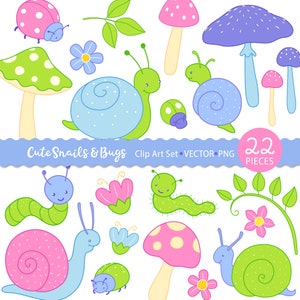 Cute Woodland Snails and Bugs Clip Art Set, Cute Mushroom Clipart, Commercial Use, Vector Graphics, Digital Clip Art