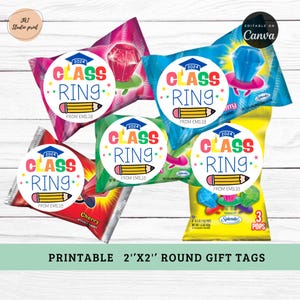 May include: Five colorful round gift tags with the text "Class Ring" and the year "2024" printed on them. The tags are decorated with stars, a pencil, and a graduation cap. The text "From Emilia" is printed on each tag.