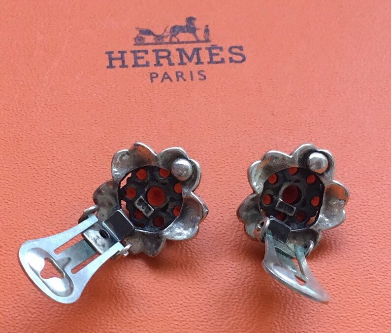 Vintage Clip On Flower Format Earrings with multiple red rubys Sterling Silver 925