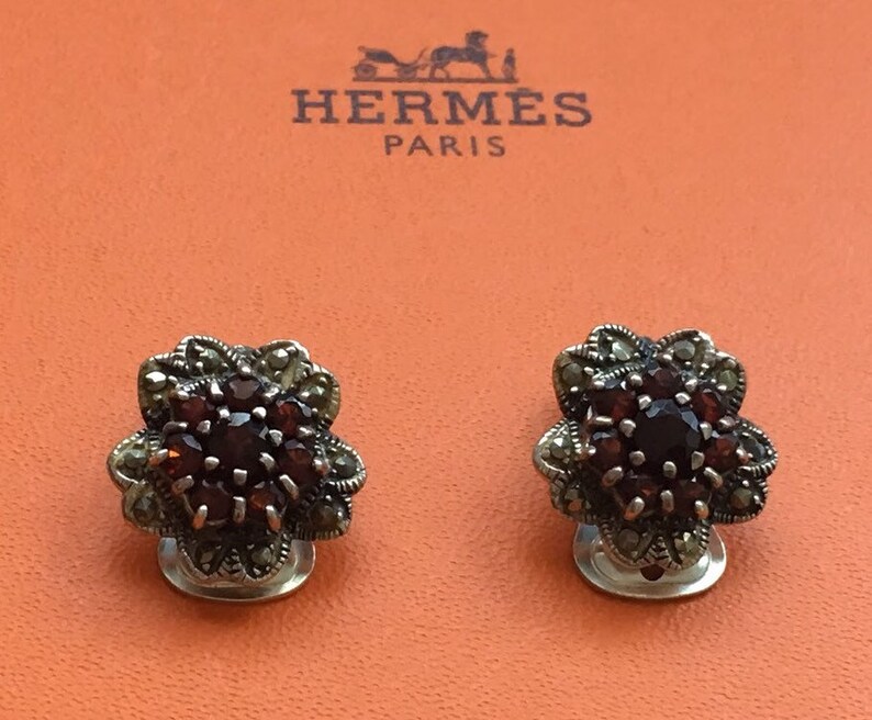Vintage Clip On Flower Format Earrings with multiple red rubys Sterling Silver 925